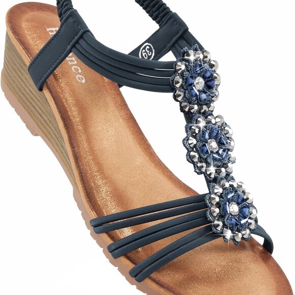 Shoes - Women’s Wedge Sandals Faux Leather Open Toe Floral Rhinestone Summer Shoes
